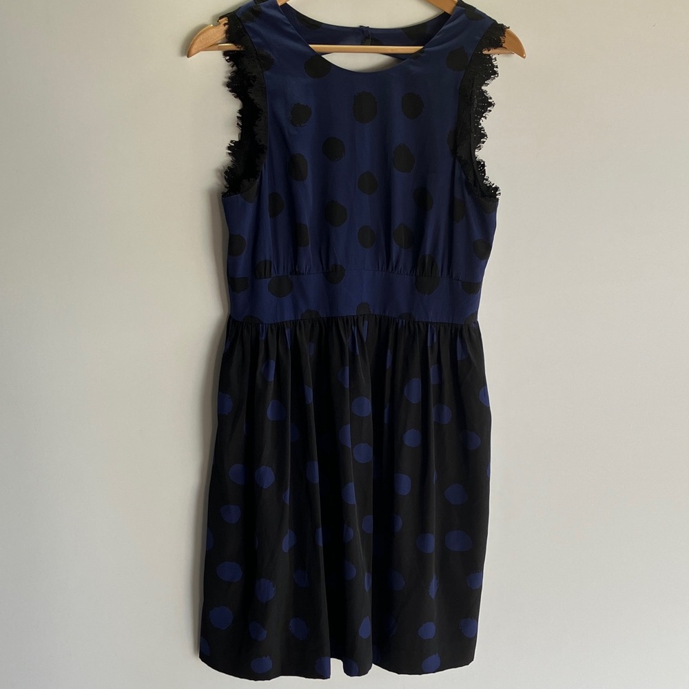 COREYLYNNCASTER Blue and Black Polka Dot Dress with Lace Trim